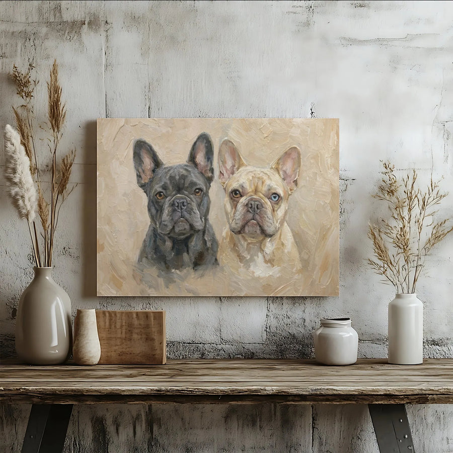 French Bulldog Portrait Canvas | Dual Dog Oil Painting Art | Premium Gallery Wrap Decor | Gift for Frenchie Lovers