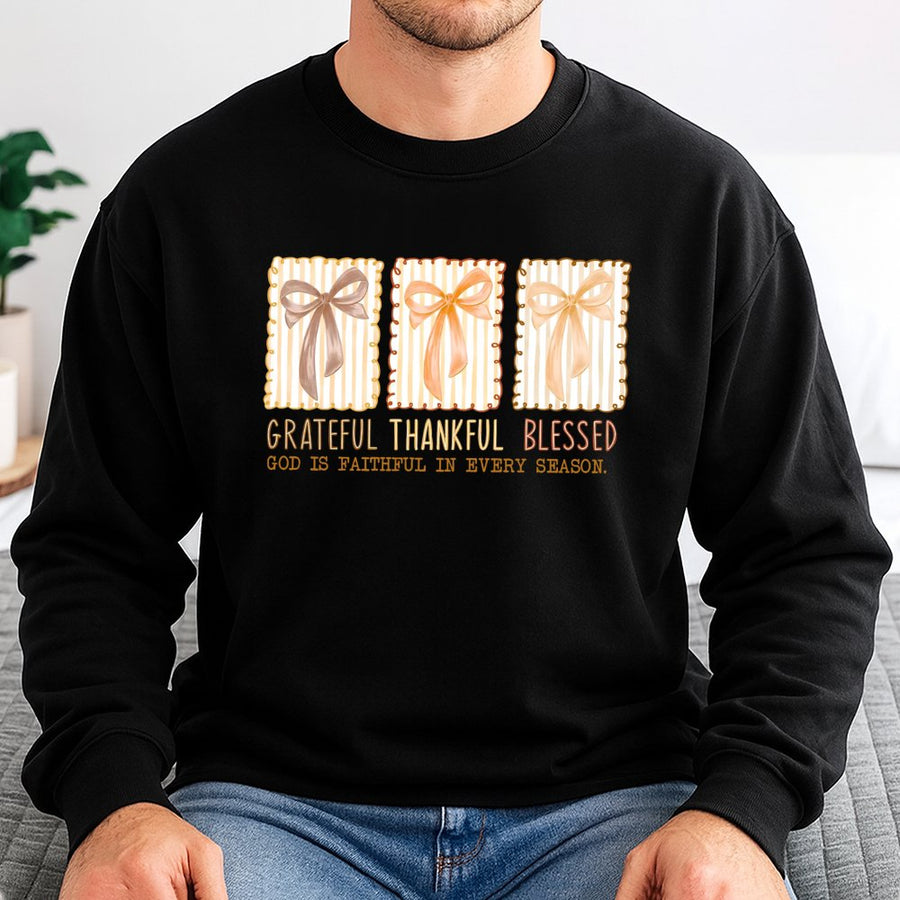 Grateful Thankful Blessed Sweatshirt | Coquette Bow Aesthetic Fall Graphic | Soft Cotton Blend Crewneck | Christian Faith Gift for Her Women