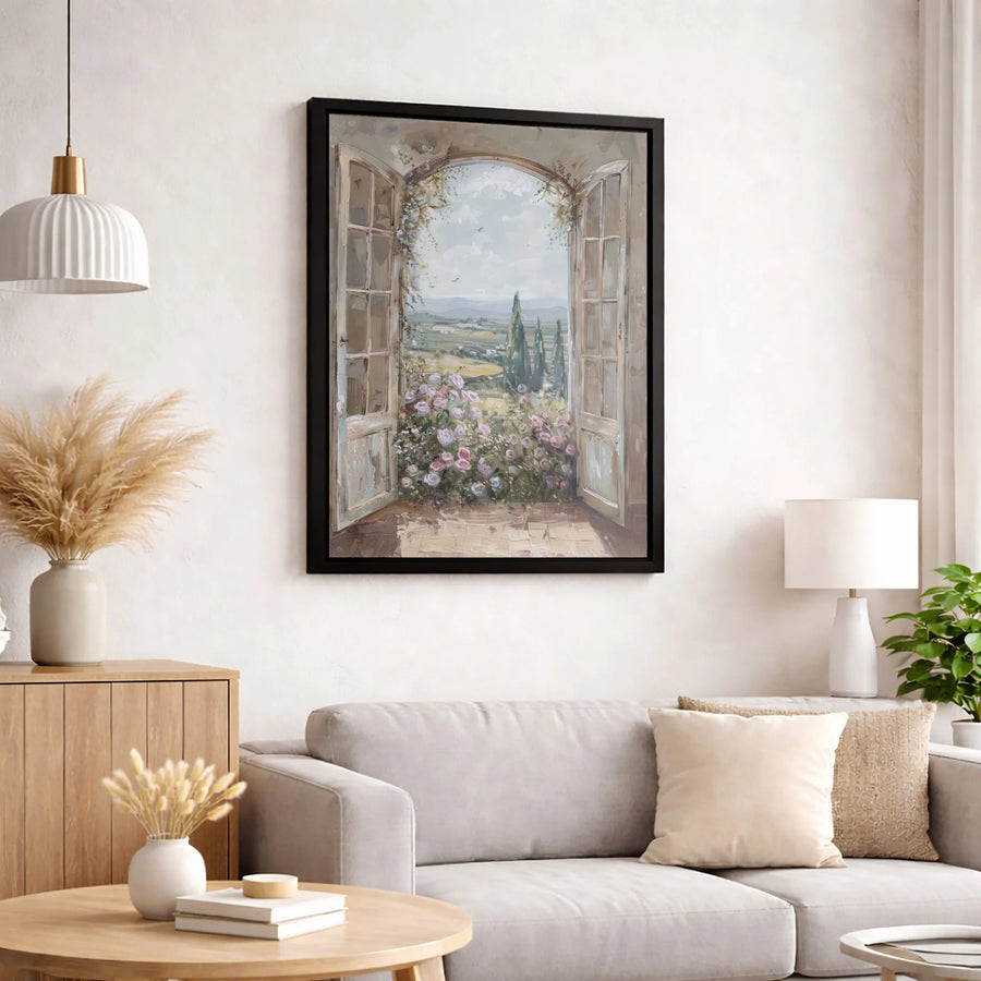 Tuscan Window View Canvas Art | Impressionist Rose Garden Landscape | Premium Gallery-Wrapped Print | Italian Countryside Home Decor Gift
