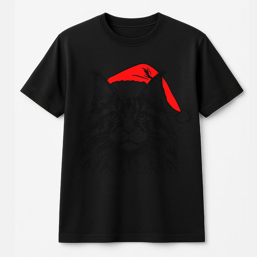 Maine Coon Cat Christmas T-Shirt | Festive Santa Hat Illustration | Premium 100% Cotton | Funny Holiday Gift for Cat Lovers