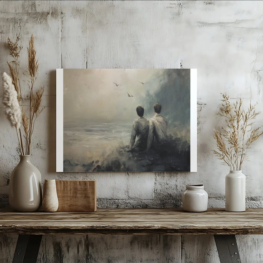 Seascape Wall Art | Two Men Sitting on Cliff Painting | Premium Gallery Wrapped Canvas | Moody Ocean Decor for Living Room or Office Gift