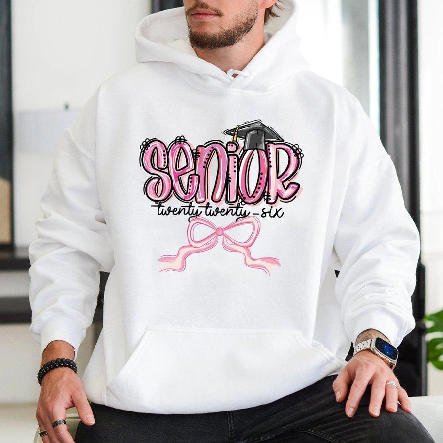 Senior 2026 Hoodie | Graduation Cap Bow Aesthetic Graphic | Premium Cotton Blend | Trendy Class of 2026 Senior Year Gift for Her