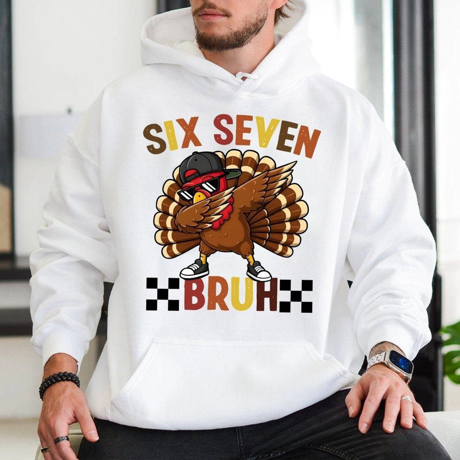 Dabbing Turkey Thanksgiving Hoodie | Funny Six Seven Bruh Meme Design | Premium Cotton Blend Pullover | Cute Fall Holiday Gift for Kids and Teens