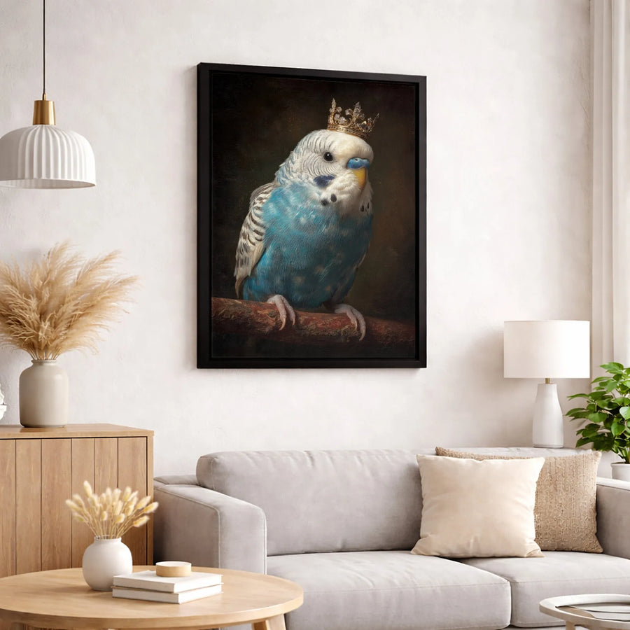 Royal Budgerigar Canvas Print | Blue Parakeet Wearing Gold Crown | Premium Gallery-Wrapped Wall Art | Bird Lover Gift Home Decor