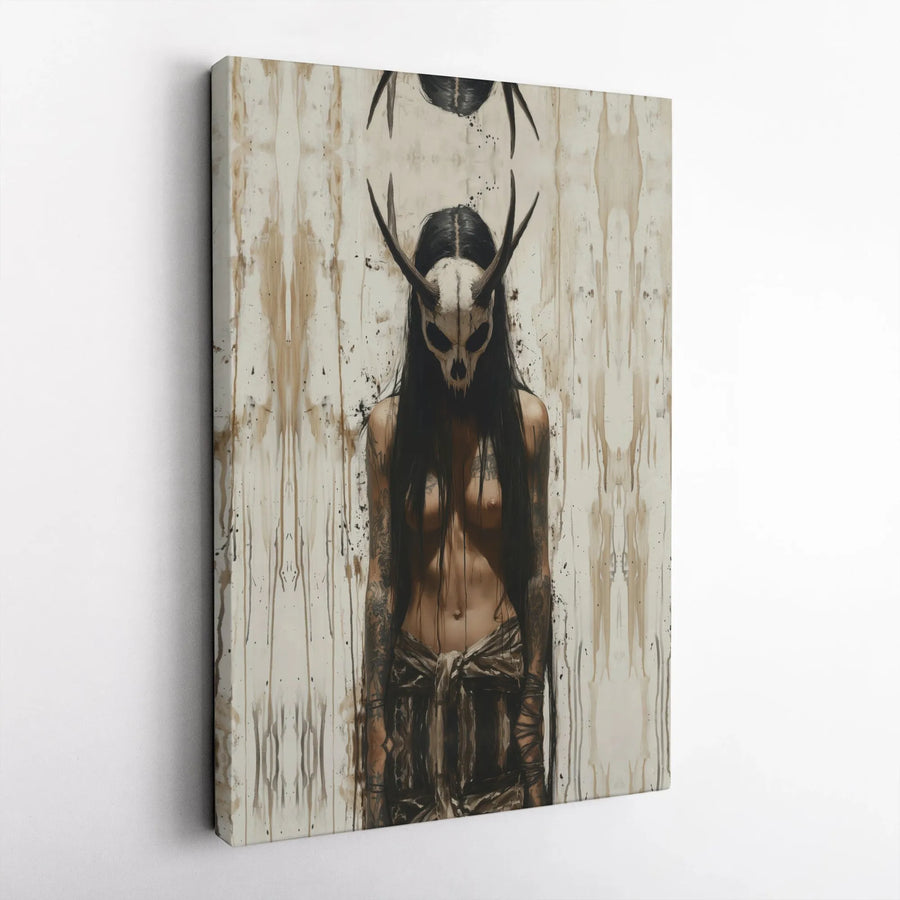 Dark Shaman Skull Mask Wall Art | Gothic Tattooed Woman Portrait | Premium Gallery-Wrapped Canvas | Occult Aesthetic Home Decor Gift
