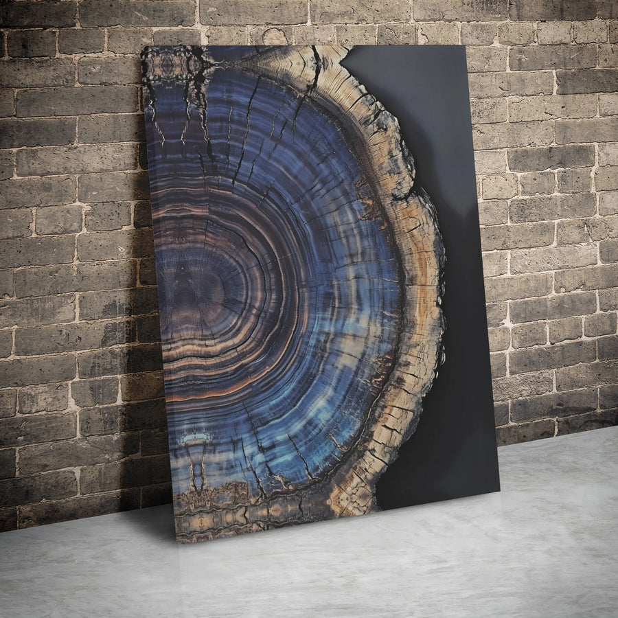 Abstract Blue Petrified Wood Canvas | Tree Ring Slice Wall Art | Premium Gallery Wrap Decor | Modern Nature Home Office Gift