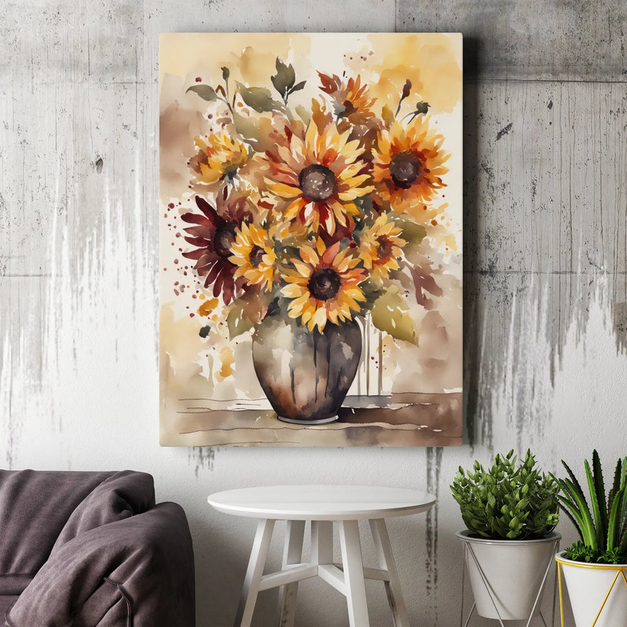 Watercolor Sunflower Bouquet Canvas | Rustic Floral Art Print in Vase | Premium Gallery-Wrapped Wall Decor | Farmhouse Living Room Gift Idea