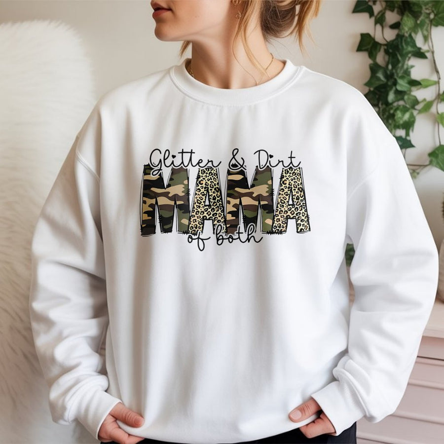 Glitter and Dirt Mama of Both Sweatshirt | Leopard Camo Graphic Print | Soft Cotton-Poly Blend | Cute Mom Life Apparel Gift for Her