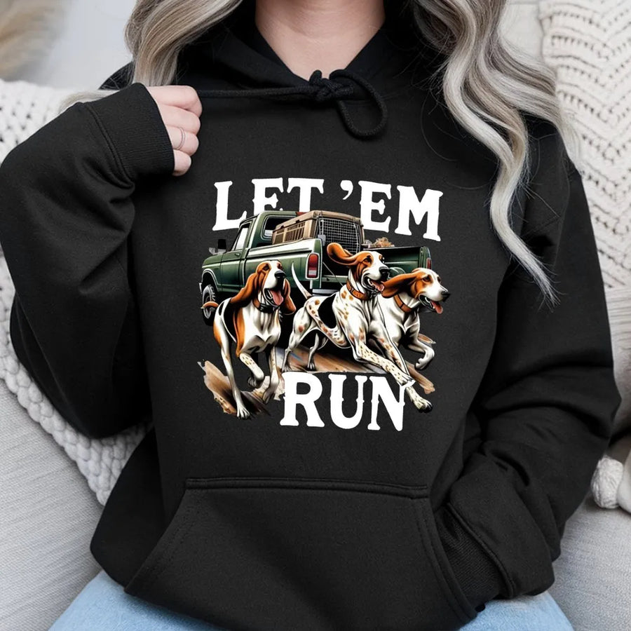 Hound Dog Hoodie | Let Em Run Hunting Pickup Truck Graphic | Premium Cotton Blend | Gift for Hunter and Dog Lover