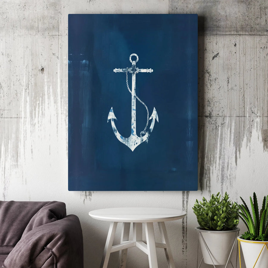 Nautical Anchor Canvas Wall Art | Distressed Navy Blue Coastal Decor | Premium Gallery-Wrapped Print | Ready to Hang Beach House Gift