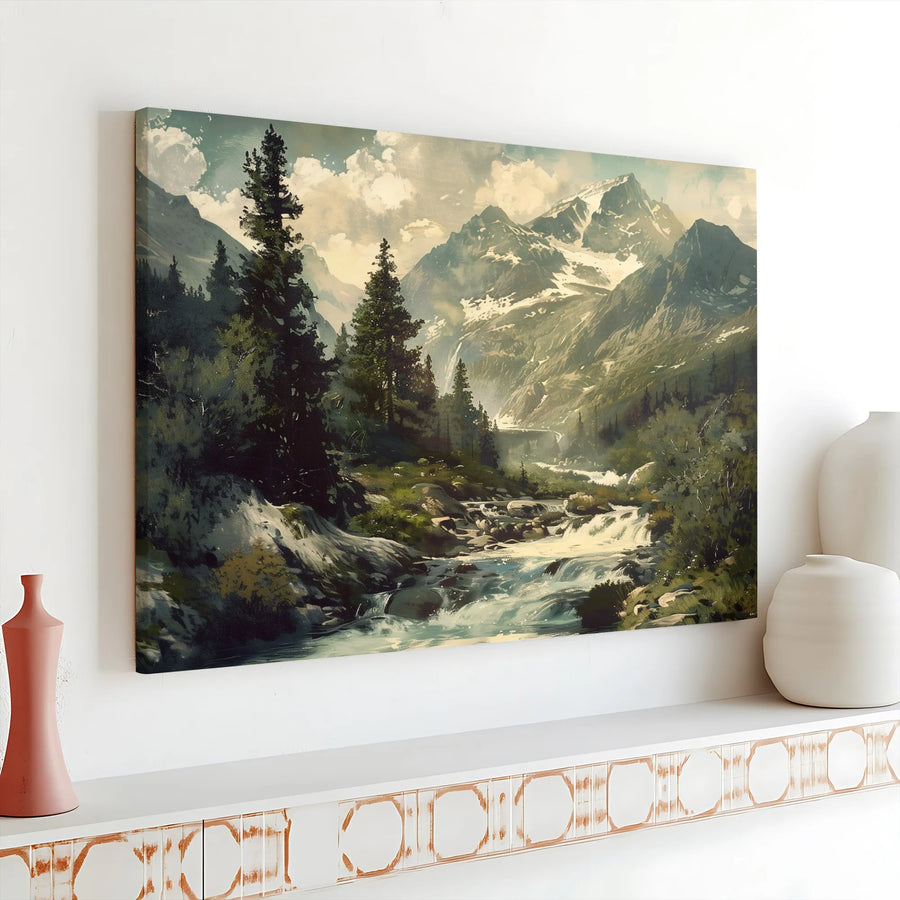 Mountain Landscape Canvas Wall Art | Vintage Pine Forest & River Scene | Premium Gallery Wrap Canvas | Rustic Home & Cabin Decor Gift