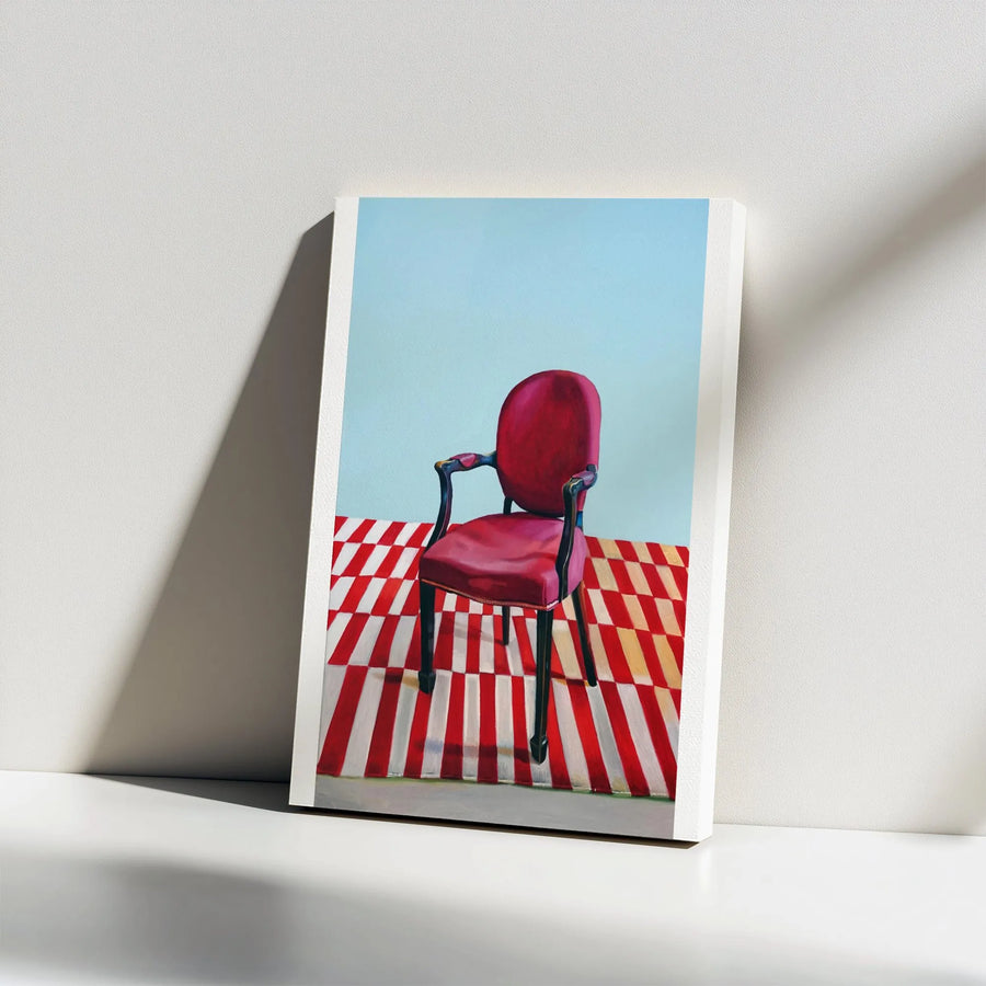 Modern Red Chair Vertical Canvas | Surrealist Pop Art Painting with Checkered Floor | Premium High-Resolution Print | Contemporary Wall Art Gift for Living Room