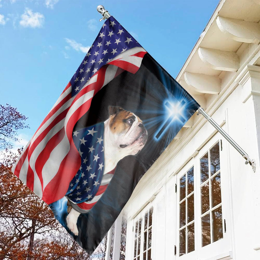 Bulldog American Flag Garden Flag | Christian Cross Patriotic Design | Weather-Resistant Premium Polyester | Gift for Dog Lovers and Veterans