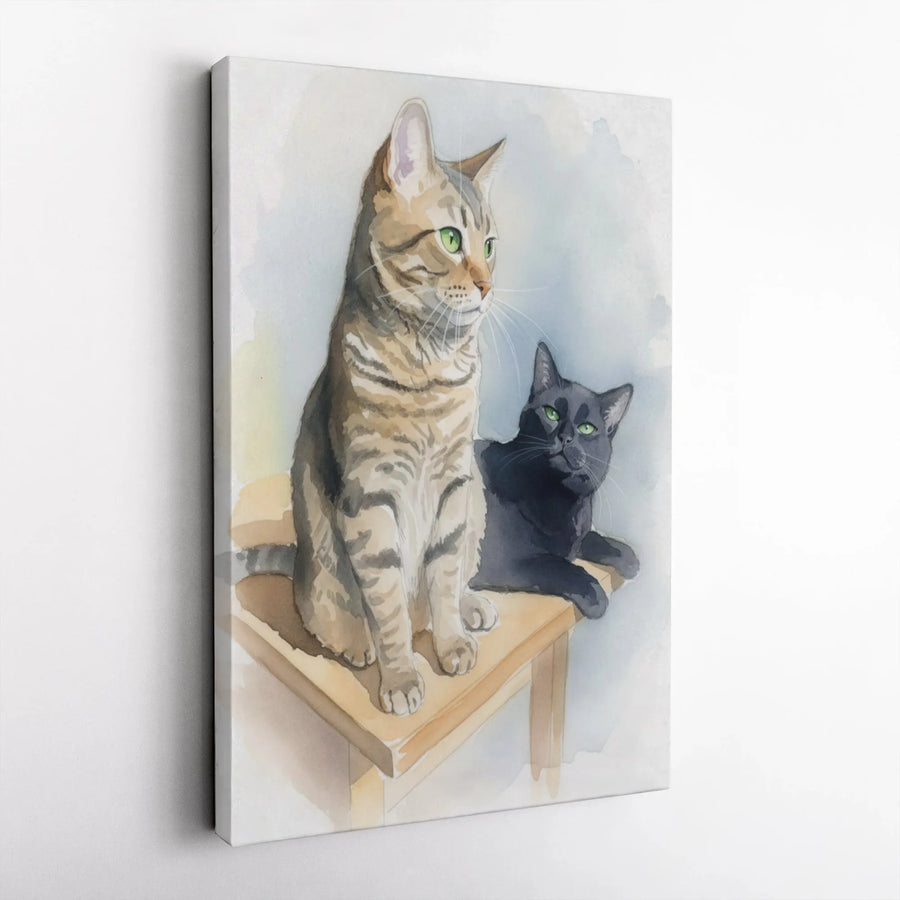 Cat Wall Art Print | Watercolor Tabby and Black Cat Illustration | Premium Gallery Wrapped Canvas | Gift for Cat Lovers and Pet Owners
