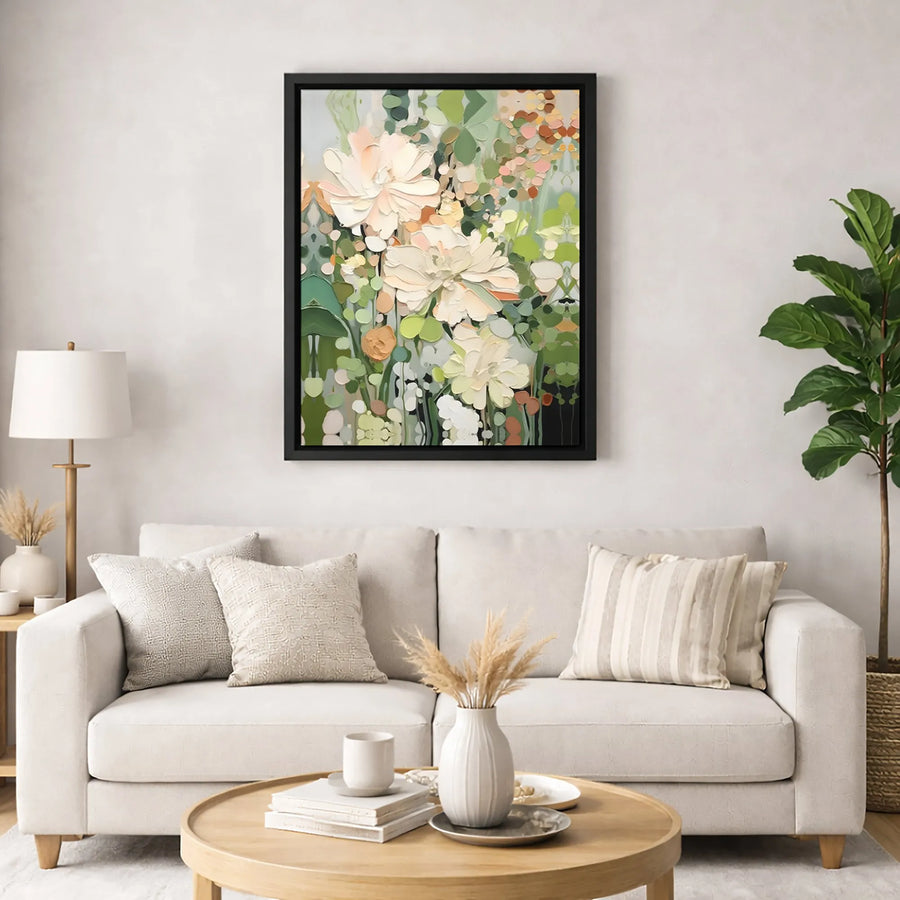 Abstract Floral Canvas Wall Art | Cream and Sage Green Impasto Texture | Gallery-Quality 1.25-Inch Profile | Modern Home Decor Gift
