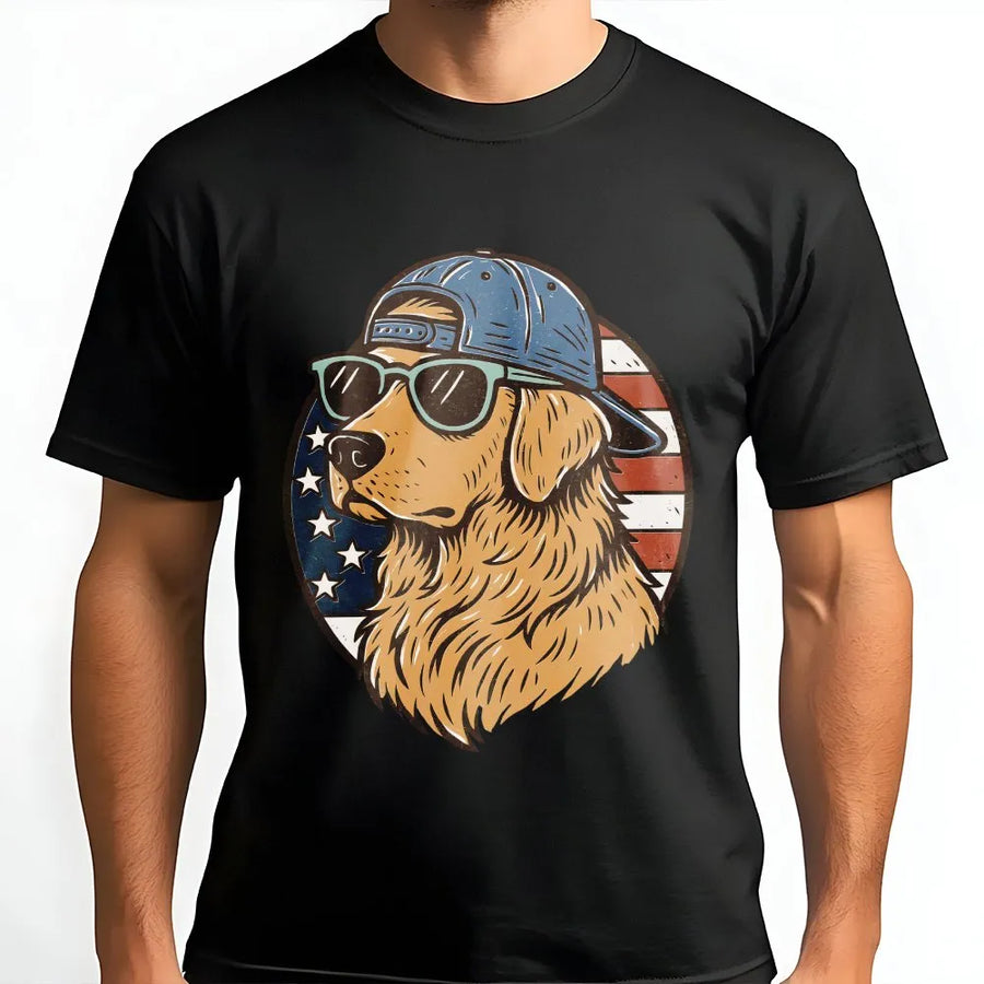 Golden Retriever USA T-Shirt | Patriotic American Flag Dog Graphic | 100% Cotton Premium Tee | Funny Fourth of July Gift for Dog Lovers