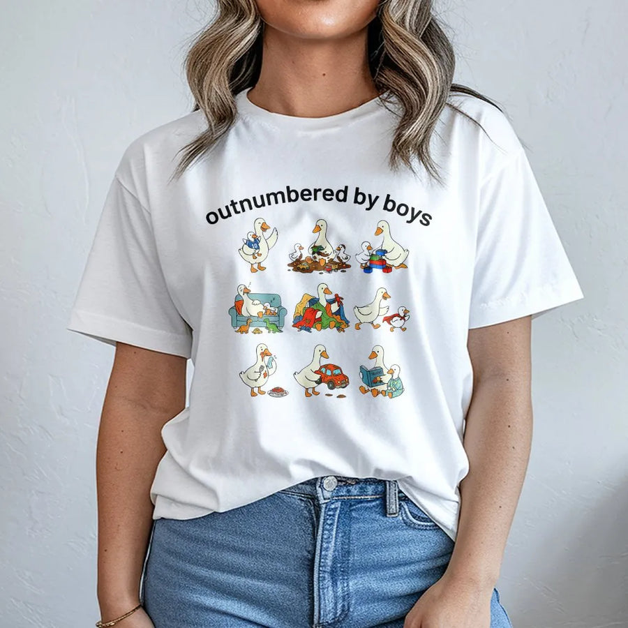 Funny Boy Mom T-Shirt | Outnumbered By Boys Goose Graphic | Cozy Cotton Blend | Mothers Day Gift for Boy Mama