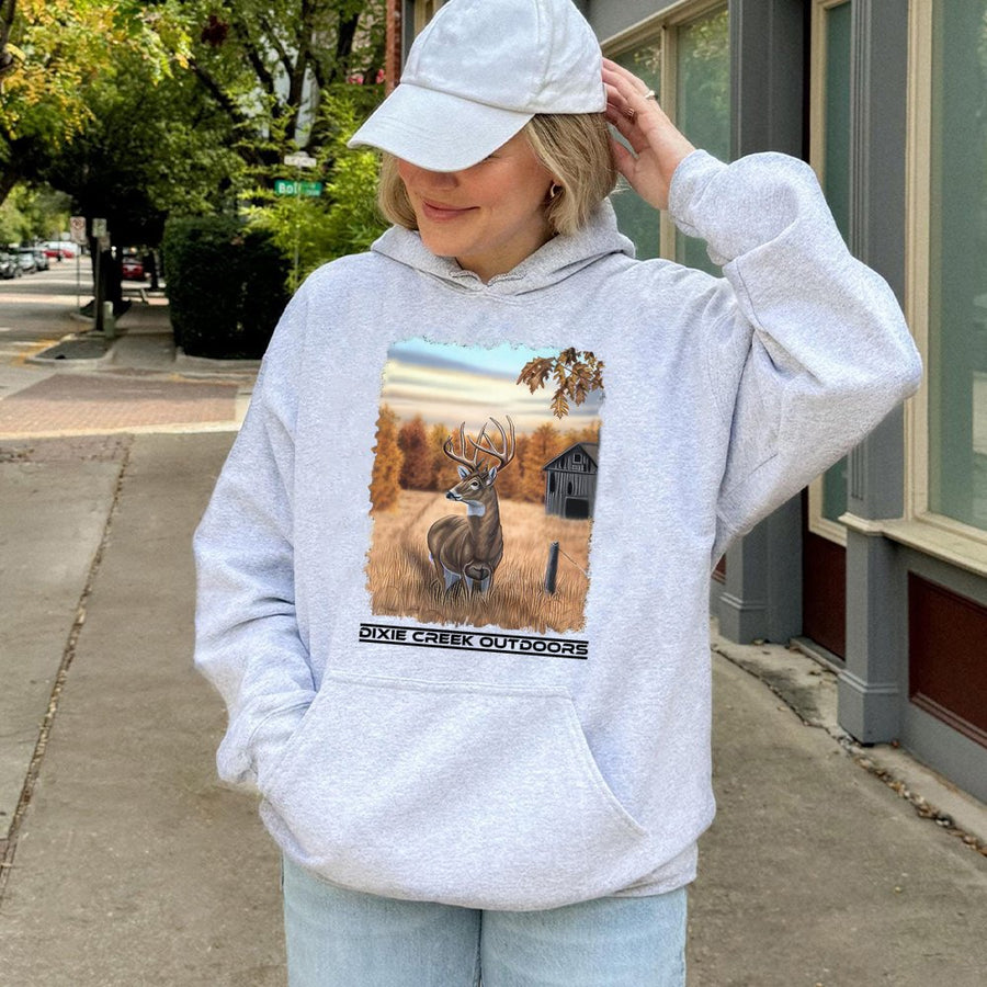 Dixie Creek Outdoors Hoodie | Majestic Deer Autumn Forest Graphic | Premium Cotton-Poly Blend | Gift for Hunters and Nature Lovers
