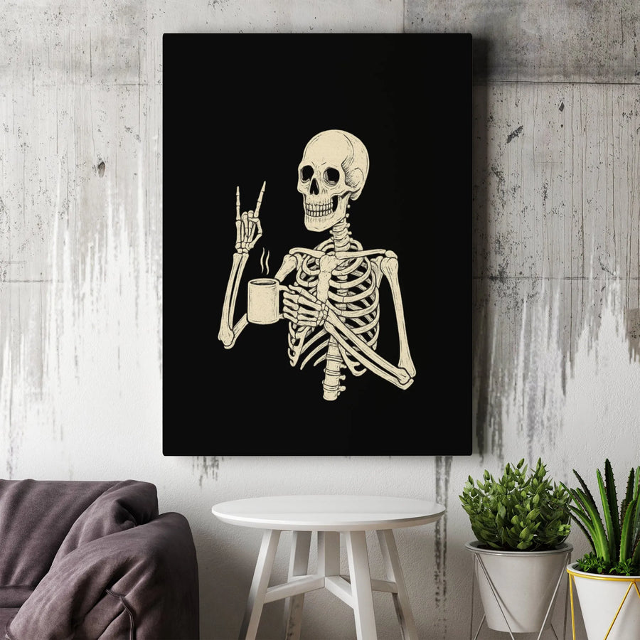 Skeleton Coffee Wall Art | Rock On Hand Sign Graphic | 1.25" Premium Stretched Canvas | Gothic Kitchen Decor Gift for Coffee Lovers