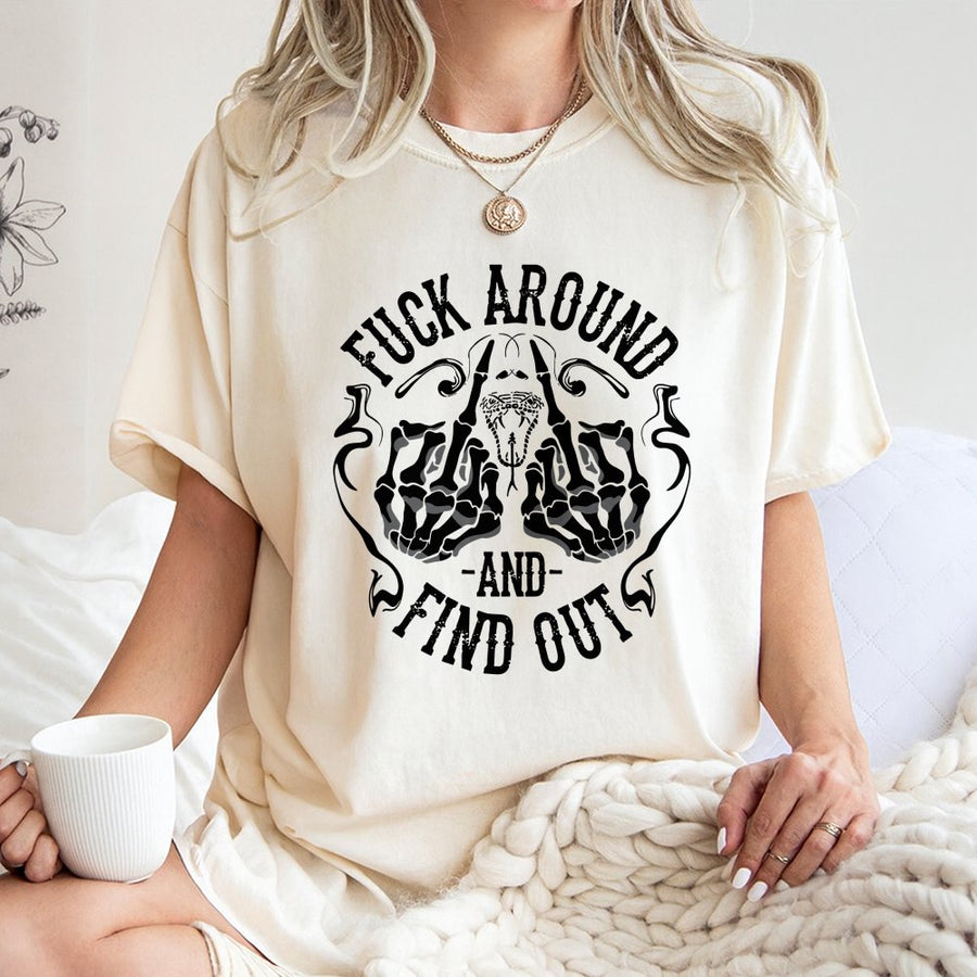 Fuck Around And Find Out T-Shirt | Edgy Skeleton Middle Finger Graphic | Premium 100% Cotton Tee | Sarcastic Gift for Men and Women