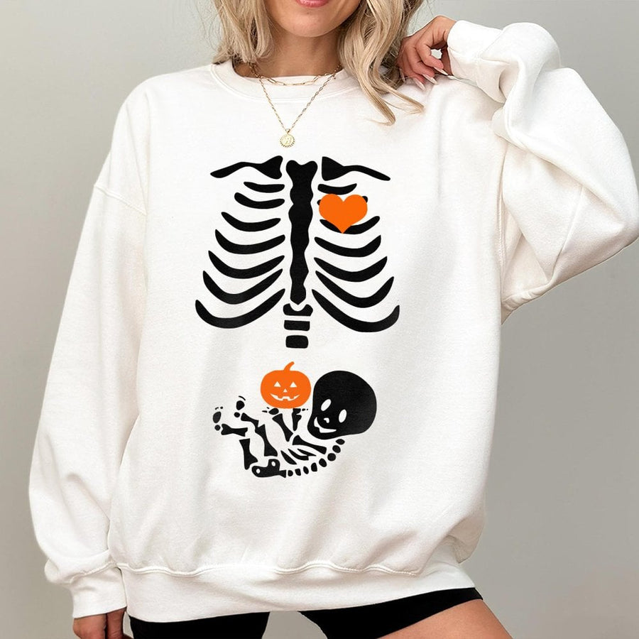 Skeleton Maternity Sweatshirt | Funny Baby Pumpkin Pregnancy Announcement | Cotton Blend Premium Apparel | Cute Halloween Costume For Expecting Moms