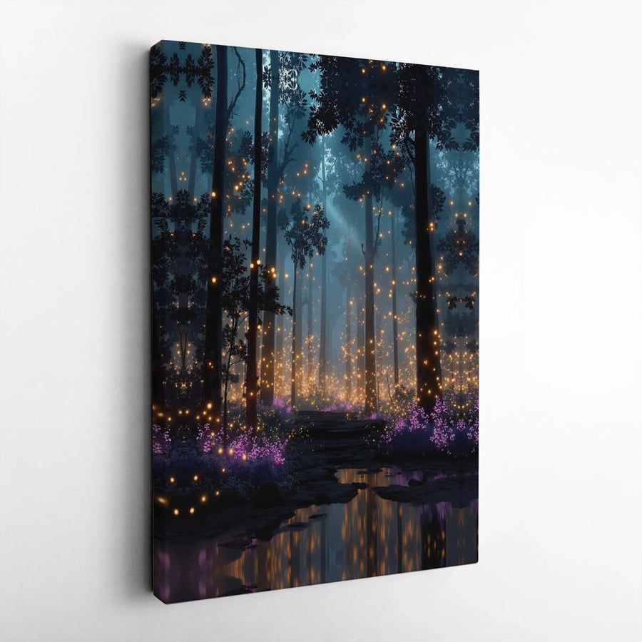 Enchanted Forest Canvas Wall Art | Magical Firefly Woodland Landscape | Premium Fade-Resistant Print | Mystical Nature Decor for Home Office
