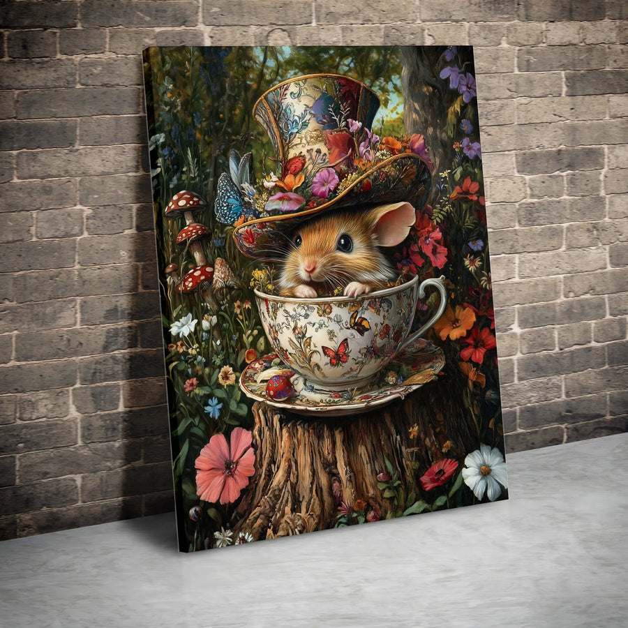 Whimsical Mouse In Teacup Canvas Art | Enchanted Forest Garden Wall Decor | Premium Gallery Wrap Print | Magical Cottagecore Gift For Her