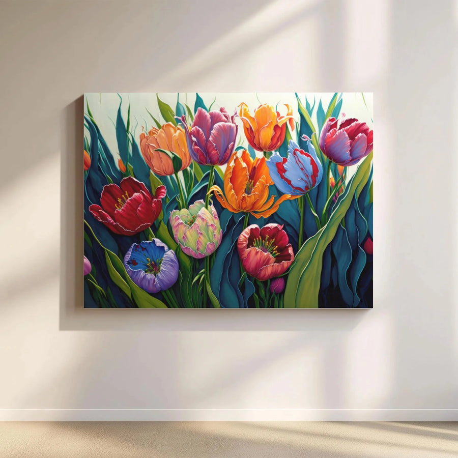 Colorful Tulip Canvas Wall Art | Vibrant Botanical Painting Print | Premium Gallery Wrapped Canvas | Living Room Wall Decor Gift
