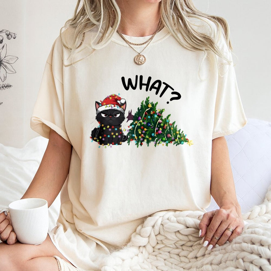 Grumpy Black Cat T-Shirt | Funny Holiday Christmas Lights Design | 100% Cotton Premium Tee | Unique Cat Mom Gift & Holiday Party Apparel