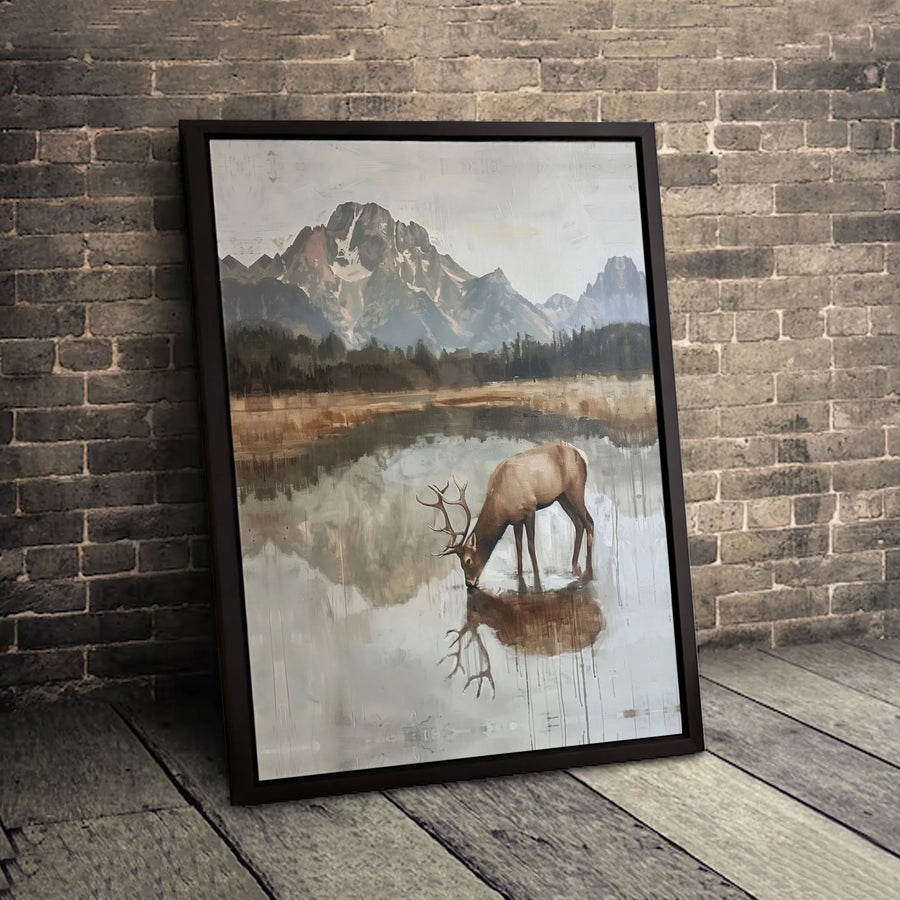 Elk Mountain Lake Canvas Wall Art | Rustic Wildlife Nature Landscape Print | Premium 1.25" Gallery Wrapped Decor | Lodge Cabin Home Gift