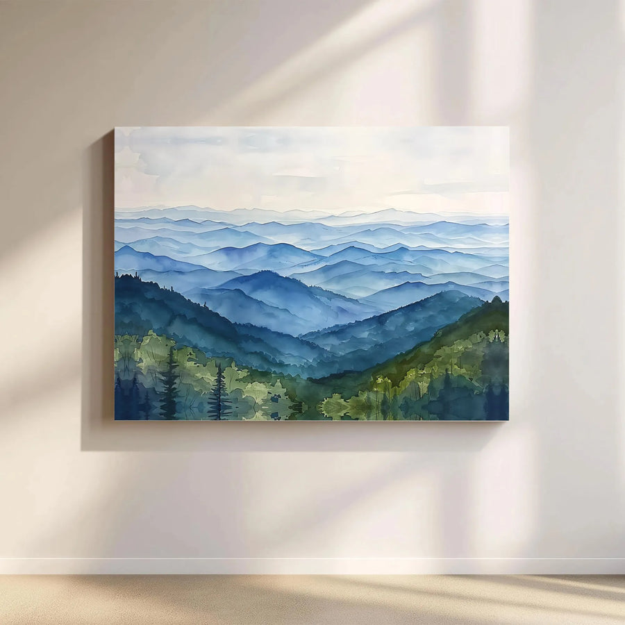 Blue Mountain Landscape Canvas Art | Watercolor Misty Forest Wall Decor | Premium Gallery Wrapped Print | Nature Inspired Living Room Gift