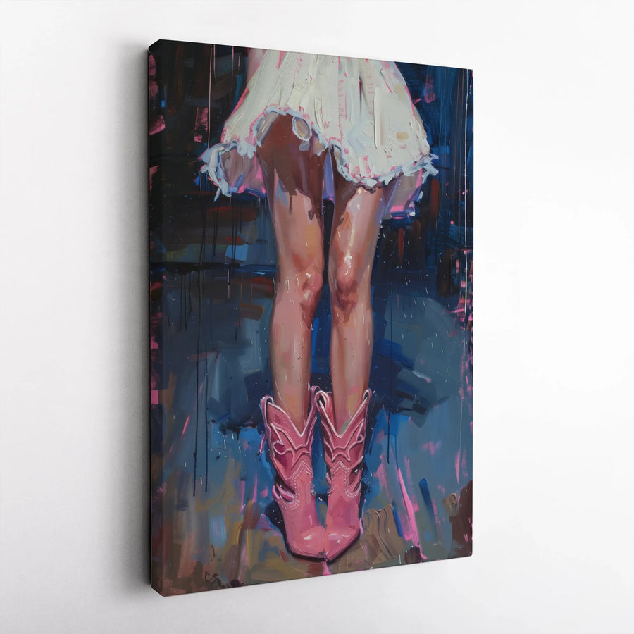 Pink Cowboy Boots Canvas Wall Art | Abstract Western Fashion Portrait | Premium Gallery Wrapped Print | Boho Chic Home Decor Gift