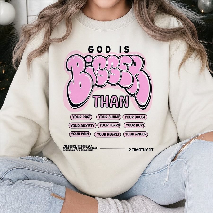 God Is Bigger Than Sweatshirt | Christian Faith Bible Verse Graphic | Premium Cotton Blend Crewneck | Religious Gift for Men and Women