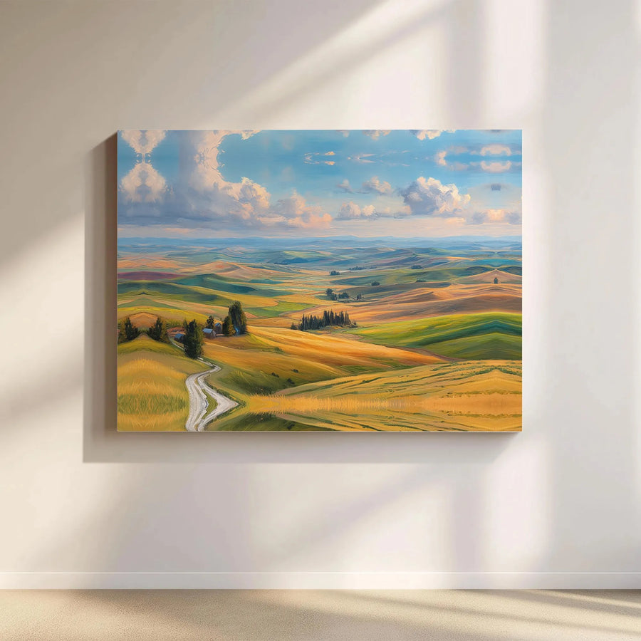 Tuscan Landscape Canvas Wall Art | Rolling Hills Farmhouse Oil Painting Print | Gallery Wrapped Premium Decor | Gift For Home And Office