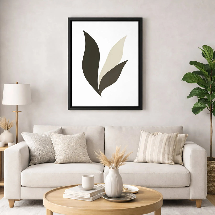 Minimalist Abstract Leaf Canvas Art | Neutral Black and Beige Botanical Print | 1.25-Inch Gallery Wrap | Modern Home Decor Wall Hanging