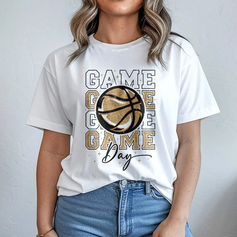 Game Day Basketball T-Shirt | Glitter Gold Graphic Print | Premium Soft Cotton | Basketball Mom Gift and Sports Fan Apparel