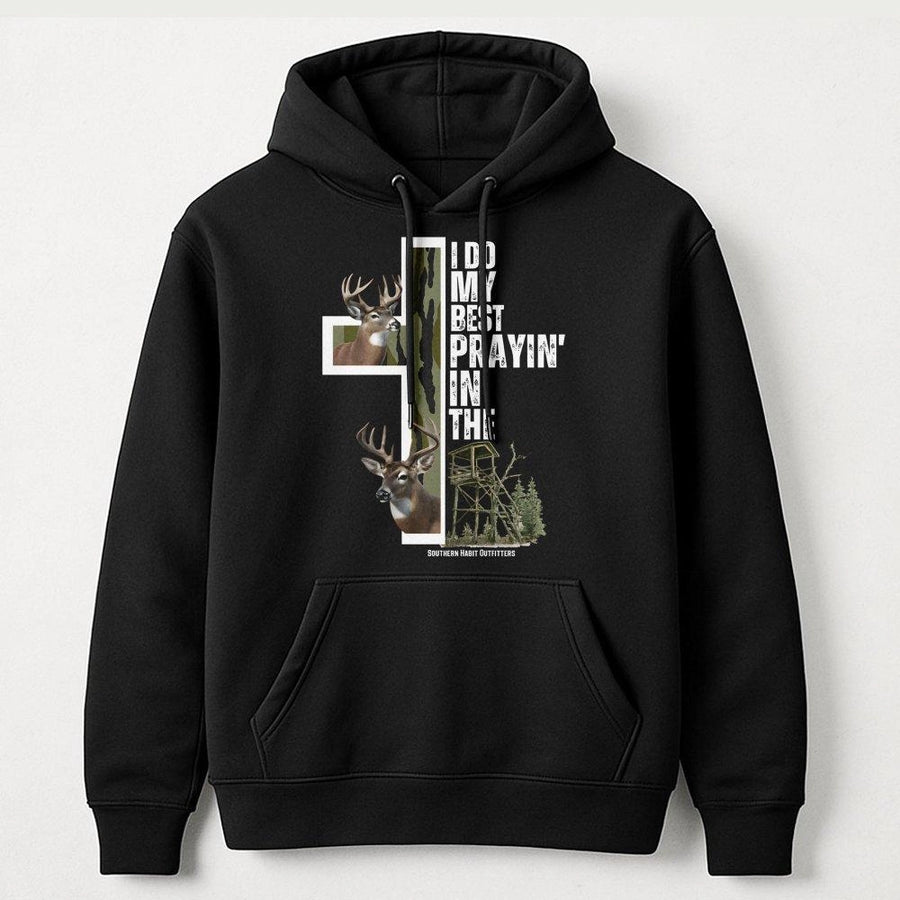 Deer Hunting Hoodie | I Do My Best Prayin In The Deer Stand Cross Design | Premium Cotton Blend Sweatshirt | Christian Hunter Gift For Men