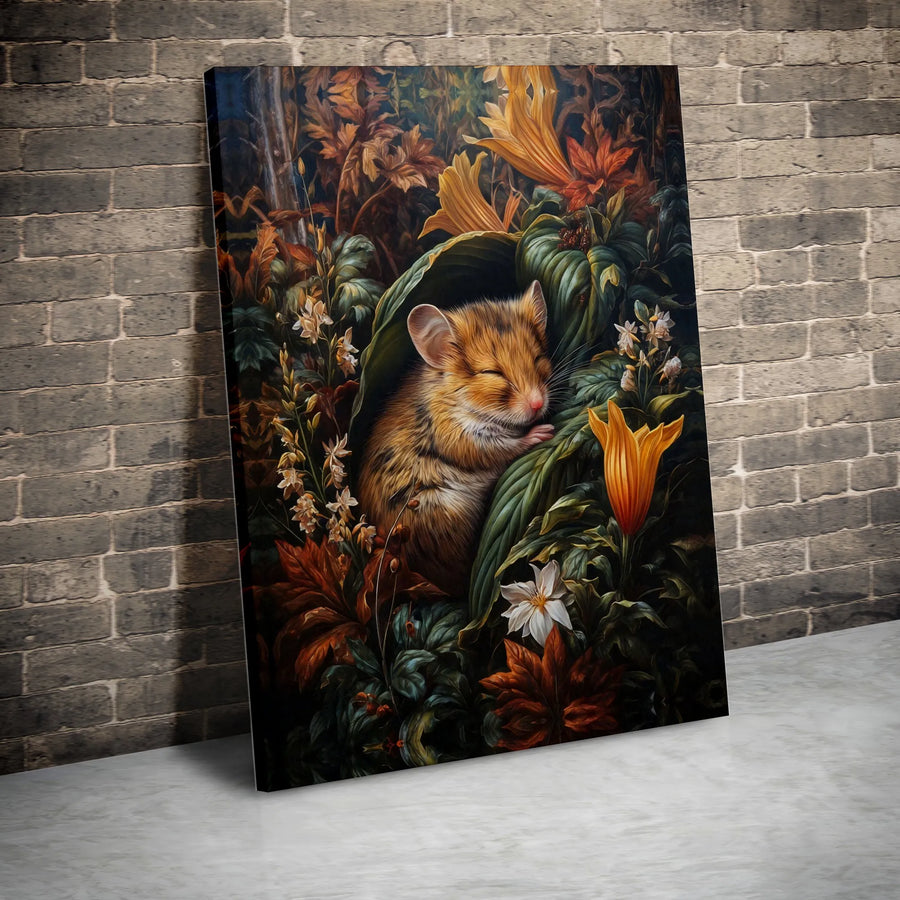 Sleeping Mouse Canvas Wall Art | Whimsical Forest Creature Floral Print | Premium Gallery Wrapped Decor | Cottagecore Nature Lover Gift