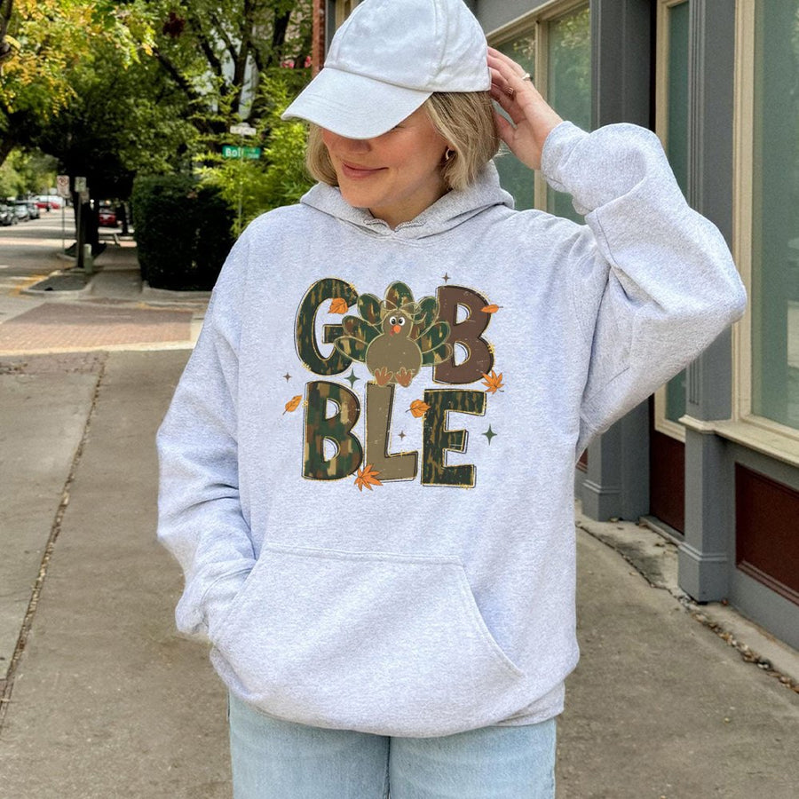 Gobble Turkey Hoodie | Camouflage Thanksgiving Design | Premium Cotton Blend | Funny Fall Apparel Gift for Men and Women
