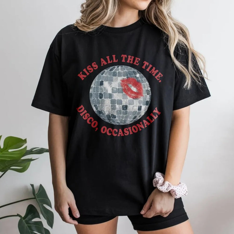 Retro Disco Ball T-Shirt | Kiss All The Time Graphic | Soft Cotton Crewneck | Y2K Concert Gift for Women