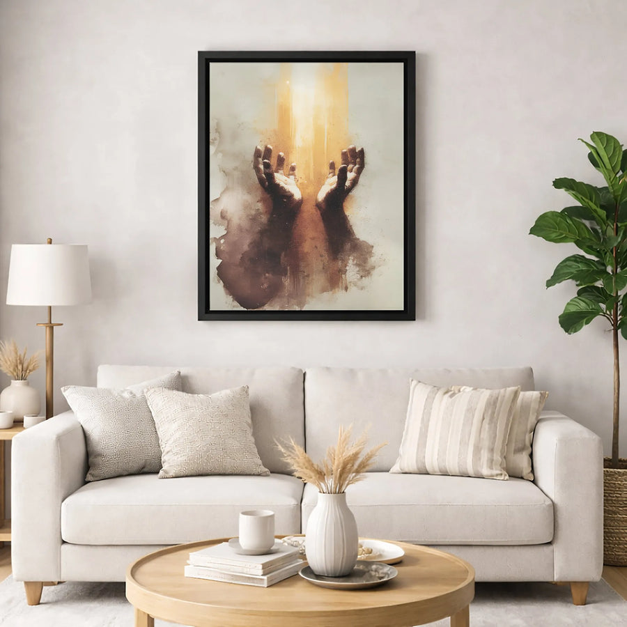 Worship Hands Canvas Print | Heavenly Light Abstract Wall Art | Premium Fade-Resistant Gallery Wrap | Religious Home Decor Gift for Believers