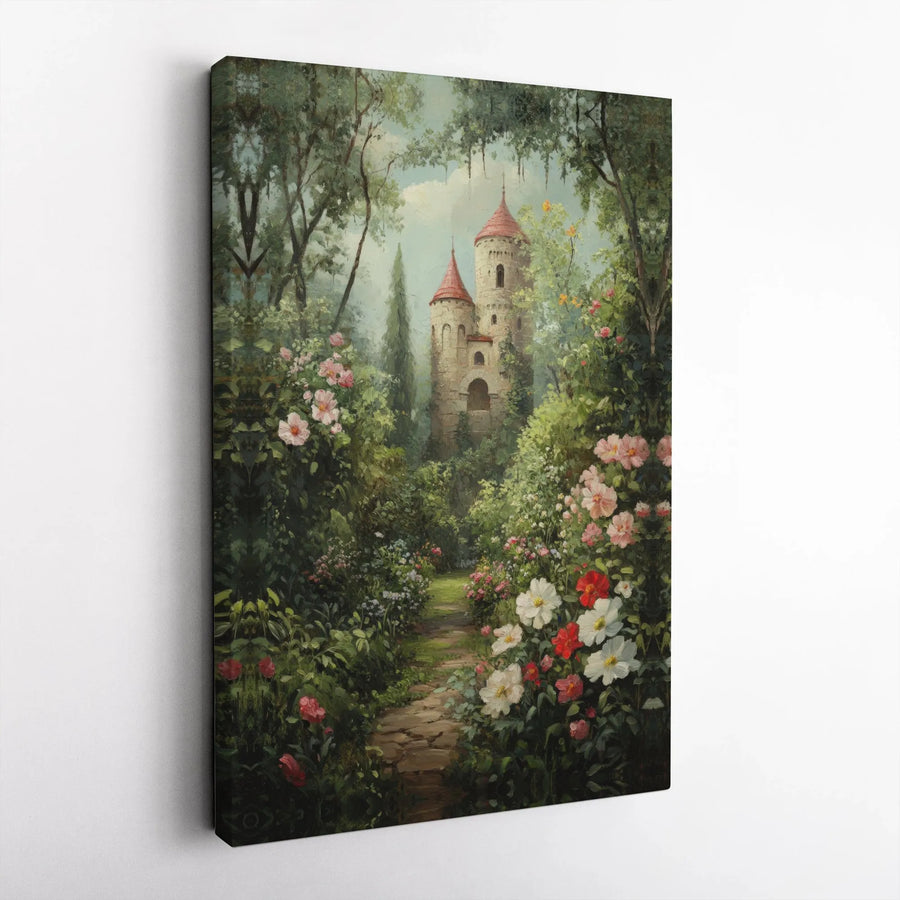 Fairytale Castle Canvas Wall Art | Secret Garden Landscape Painting | Premium Gallery Wrapped Decor | Whimsical Home Decor Gift