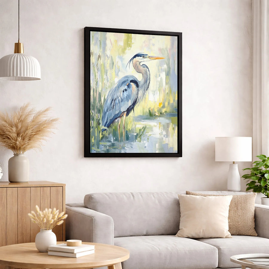 Great Blue Heron Canvas Wall Art | Impressionist Marsh Bird Print | Premium 1.25" Gallery Wrap | Coastal Decor Gift for Nature Lovers