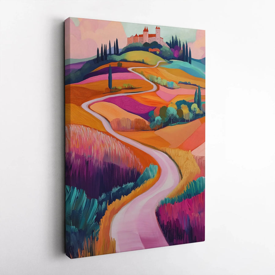 Tuscan Landscape Canvas Print | Vibrant Winding Road to Castle | Gallery-Grade 1.25" Profile | Premium Art Decor for Home or Office