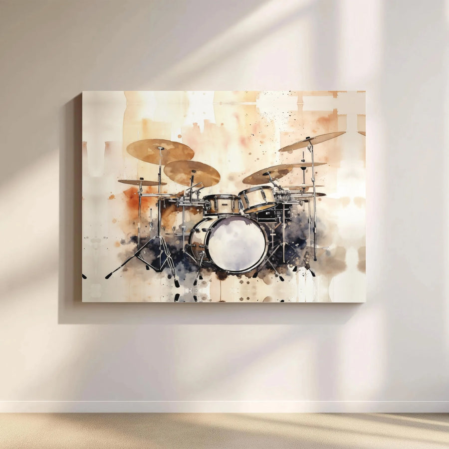 Drum Set Canvas Wall Art | Watercolor Music Instrument Print | Premium Gallery Wrap Decor | Musician Gift for Studio or Home Office