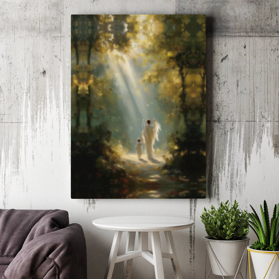 Guardian Angel Canvas Print | Walking with Child in Forest | Gallery Wrapped Wall Art | Spiritual Religious Gift for Nursery or Home Decor