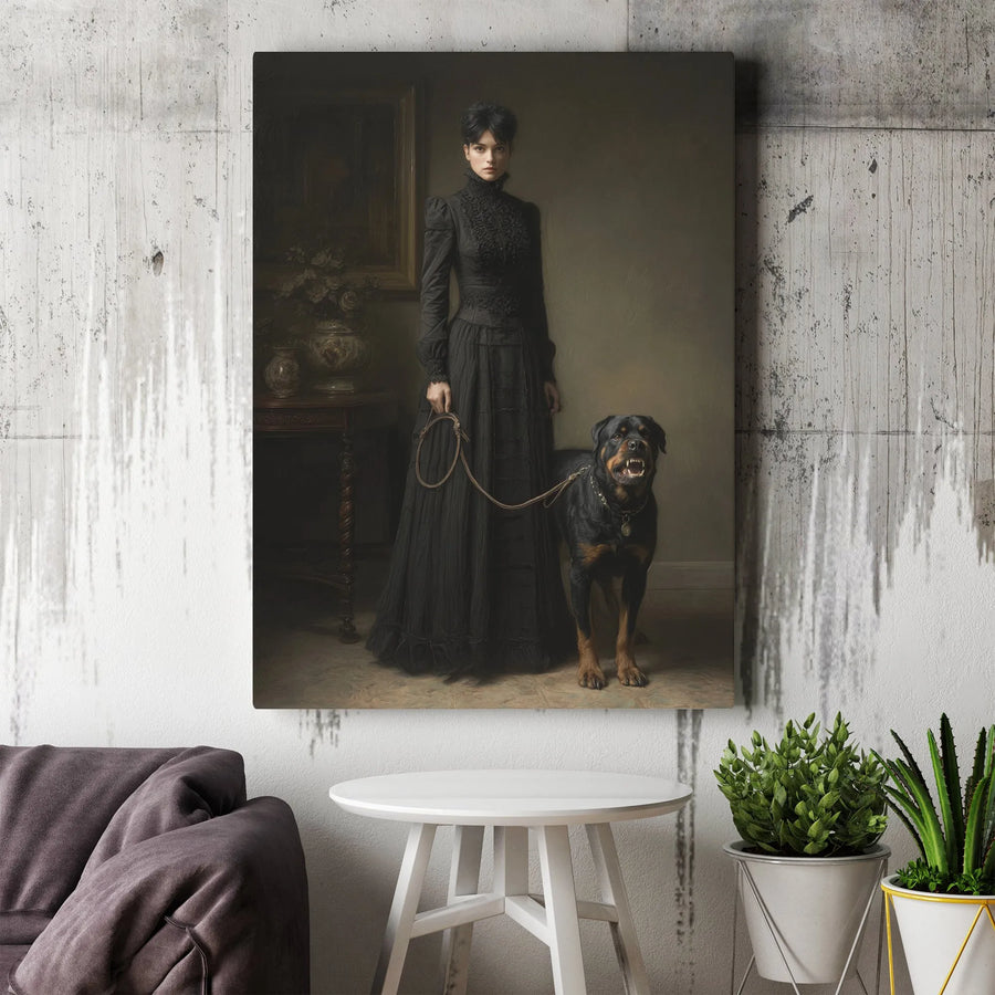 Gothic Rottweiler Portrait Canvas | Moody Victorian Woman and Dog Art | Premium Gallery Wrapped Canvas | Dark Academia Home Decor Gift