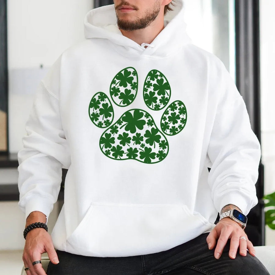 St. Patrick's Day Dog Paw Hoodie | Lucky Shamrock Graphic Print | Premium Cotton Blend Sweatshirt | Cute Gift for Dog Lovers & Irish Pet Owners