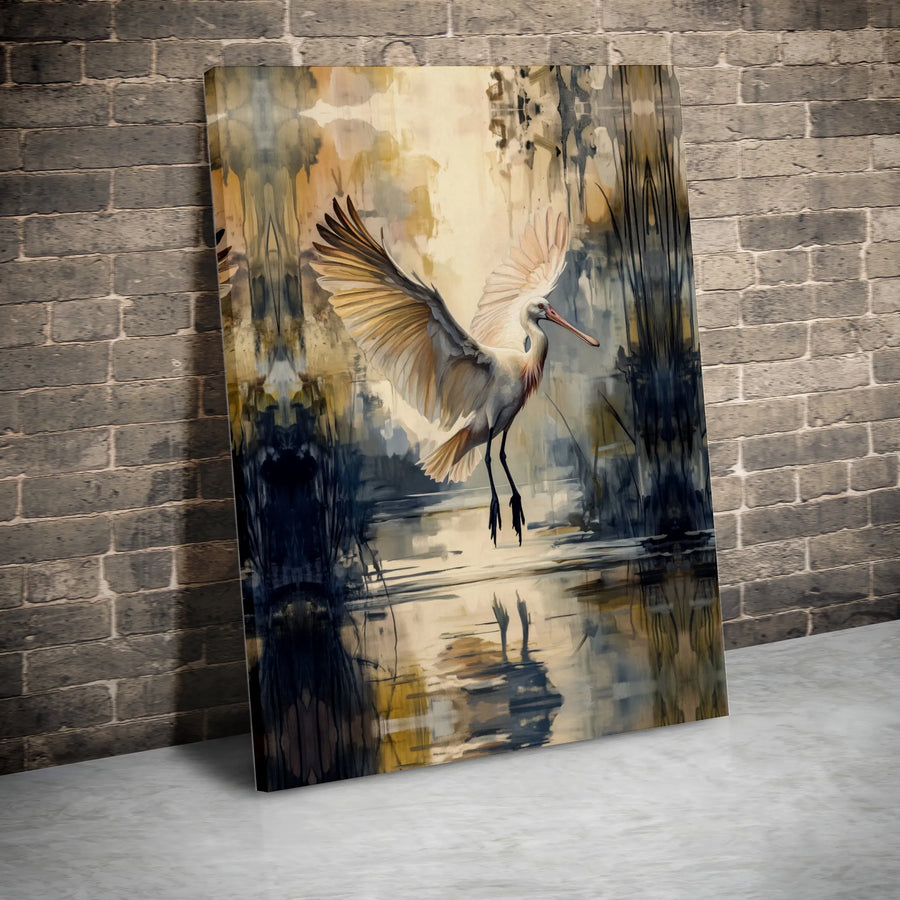 Spoonbill Canvas Wall Art | Abstract Marshland Bird Painting | Premium Gallery Wrapped Canvas | Modern Wildlife Decor Gift for Nature Lovers