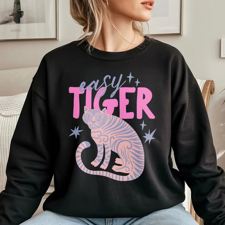 Easy Tiger Sweatshirt | Retro Tiger Graphic | Premium Soft Cotton Blend | Trendy Boho Pullover Gift for Her
